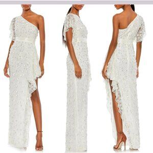 NWT $598 Mac Duggal [ 8 ] 3D Flowers One Shoulder Sequin Slit Gown in White Q302